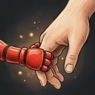 A red robot hand holding a human hand